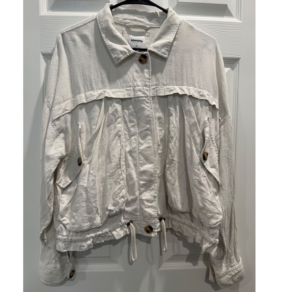 Sonoma Goods For Life Women Cream Linen Blend Utility Jacket Size L Drawstring